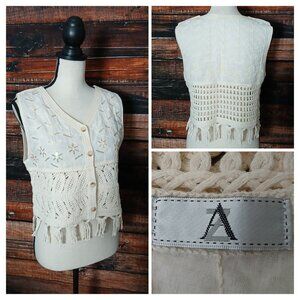 AZ Vest Top Crochet Fringe Embroidered Beaded Button Up Cotton Cropped Cream